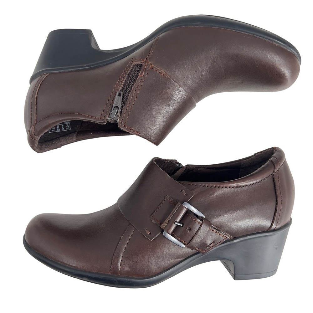 Women‎ Clarks Genette Vista Brown Leather Buckle Heel Clog Booties Shoes 8M